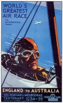 Poster of aviator's head in goggles, in a biplane, captioned "WORLD'S GREATEST AIR RACE" and "ENGLAND to AUSTRALIA", 1934–35