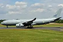 Early AirTanker Royal Air Force Voyager landing at RAF Fairford in 2011, still displaying its Airbus Military registration MRTT016.
