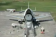 Unloading the Columbus module in its container at the shuttle landing facility