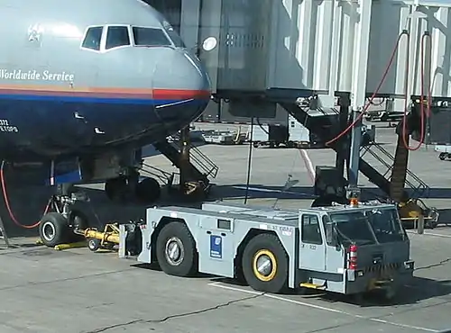 Pushback using a conventional tractor tug hooked up to a United Airlines Boeing 777-200ER at Denver International Airport, Colorado