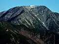 Mount Akaishi seen from Mount Kamikochi, The Mountain hut can be seen at the peak.