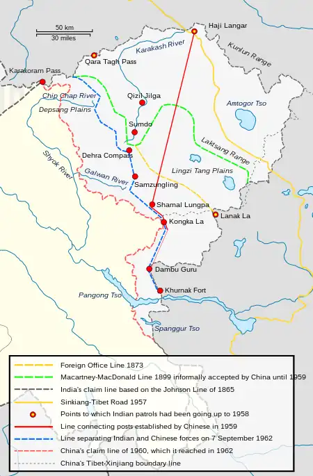 The map shows the Indian claim line in black dashes which is based on the Johnson line.