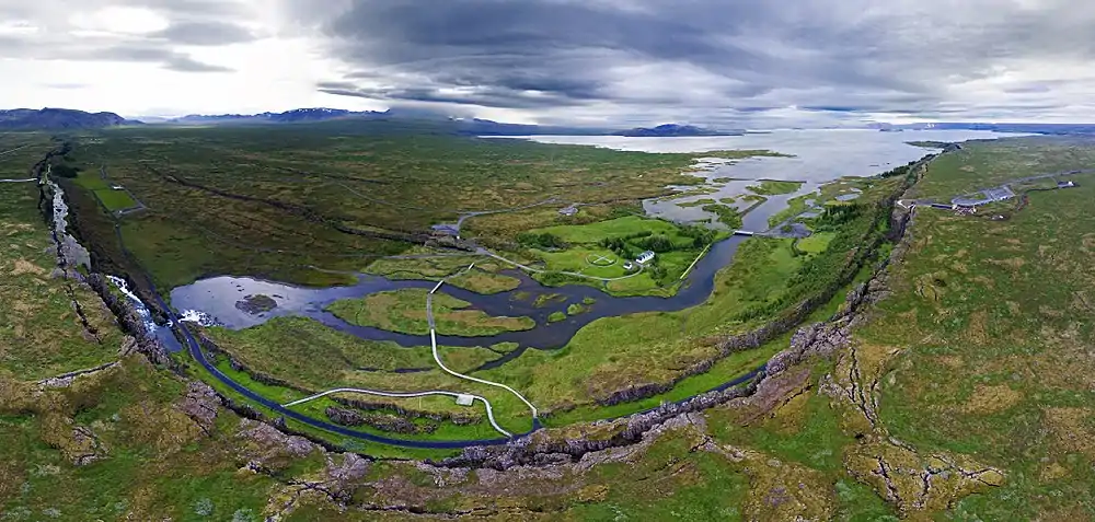 Alþingi Lögberg aerial panorama, taken in June 2017