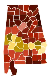 Image 21Map of counties in Alabama by racial plurality, per the 2020 census
Legend

 

Non-Hispanic White  40–50%  50–60%  60–70%  70–80%  80–90%  90%+
Black or African American  40–50%  50–60%  70–80%  80–90% 

 (from Alabama)