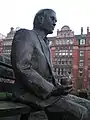 Turing Memorial close-up, showing the apple he holds