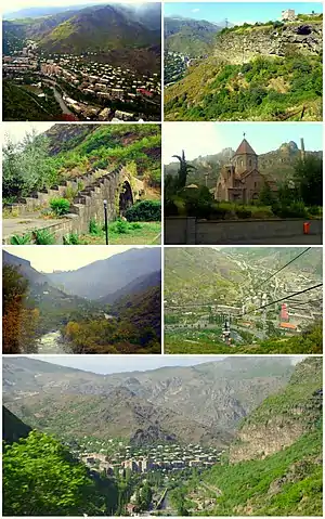 From top left:Alaverdi skyline • Old caves in Alaverdi Alaverdi-Sanahin bridge • Gregory of Narek ChurchDebed River • The copper combine and cable carPanoramic view of Alaverdi