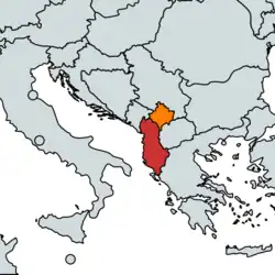 Location of Albania (red) and Kosovo (orange) within Balkans