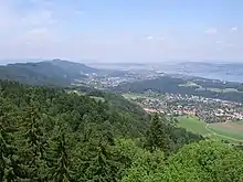 Langnau am Albis, Adliswil, Leimbach and Lake Zürich, as seen from the Albis hills (Hochwacht)