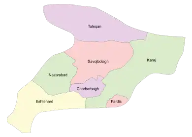 Location of Karaj County in Alborz province (right, green)