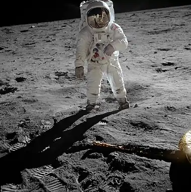 Astronaut Buzz Aldrin, standing on the Moon