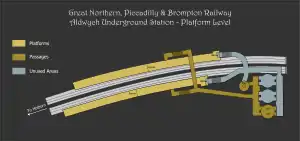 Station plan: only the westernmost lift and passage entered into use.