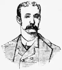 A black and white portrait illustration of a man with a long mustache wearing a striped suit and tie