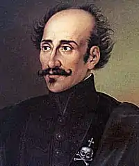 Alexander Ypsilantis, founder of the military force The Sacred Band, shown wearing the fighting force's uniform, complete with mandible-less totenkopf (1821)