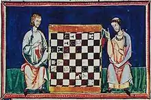 Image 20Some of the earliest examples of chess-related art are medieval illustrations accompanying books or manuscripts, such as this chess problem from the 1283 Libro de los juegos. (from Chess in the arts)