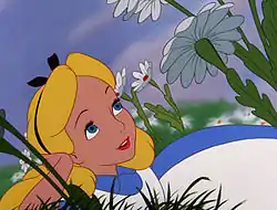 An animated image of a blonde girl lying in a field, wearing a blue-white dress.