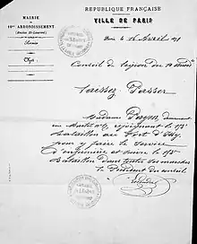 Scan of a pass used by Alix Payen. It reads: 'Paris, April 16th 1871. Legion Council of the tenth arrondissement. Let Madame Payen pass, living at number 17 rue Martel, joining the hundred and fifty-third battalion at the fort of Issy to do military service there and to follow the hundred and fifty-third battalion in all its marches. The president of the council, Leroudier.