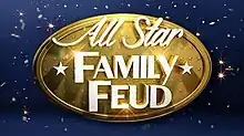 A gold oval badge on a starry background, the badge reads "All Star Family Feud