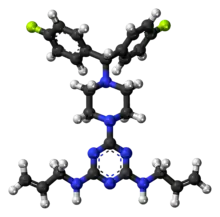 Ball-and-stick model of the almitrine molecule