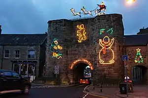 Bondgate Tower decorated with Christmas lights in December 2012