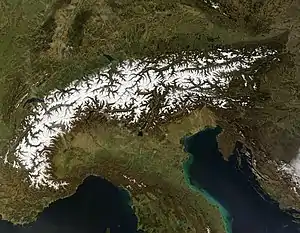 Image 23Satellite photo showing the Alps in winter, at the top of the Italian peninsula. (from History of the Alps)