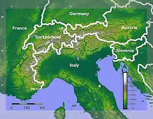 Image 1The Alps extend in an arc from France in the south and west to Slovenia in the east, and from Monaco in the south to Germany in the north. (from Alps)