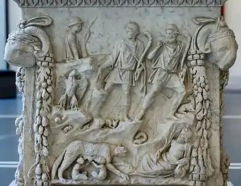 Image 46Romulus and Remus, the Lupercal, Father Tiber, and the Palatine on a relief from a pedestal dating to the reign of Trajan (AD 98–117) (from Culture of Italy)