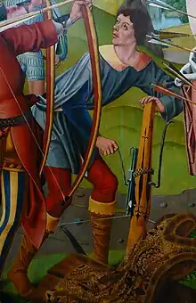 Fifteenth century crossbowman using a cranequin (rack & pinion)