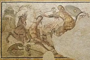 Mosaic of Amazon warrior engaged in combat with a hippeus, 4th century AD, Louvre