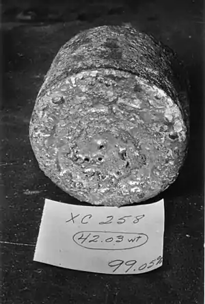 A uranium metal "biscuit" from the reduction reaction