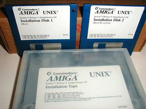 Amiga Unix installation disks and tape cartridge.