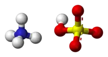 Ball-and-stick model of an ammonium cation (left) and a bisulfite anion (right)