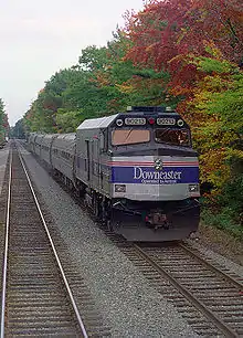 Image 21A southbound Downeaster passenger train at Ocean Park, Maine, as viewed from the cab of a northbound train (from Maine)