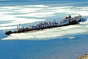 The wreck of Maud near Cambridge Bay, on the south coast of Victoria Island in Nunavut, Canada in 1998.