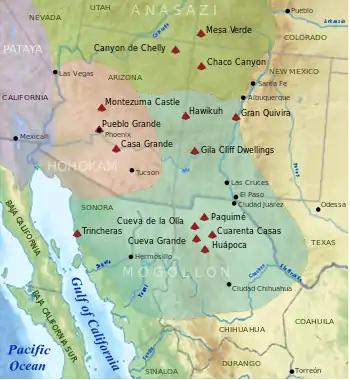 A map of the American Southwest and the northwest of Mexico showing modern political boundaries. Overlaid over them are four colored and labeled territories: "Anasazi", "Hohokam", "Petaya", and "Mogollón". Anasazi land is colored green.