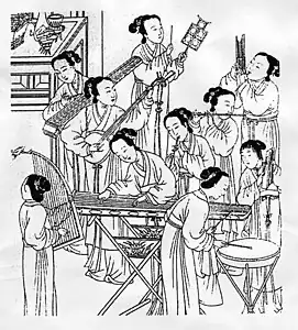 drawing depicting band of ten playing traditional instruments