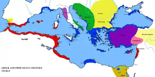 Image 2Colonisation of the Mediterranean by the 6th century BC: Phoenician settlements in red, Greek areas in blue, and other territories as marked (from Ancient Greece)