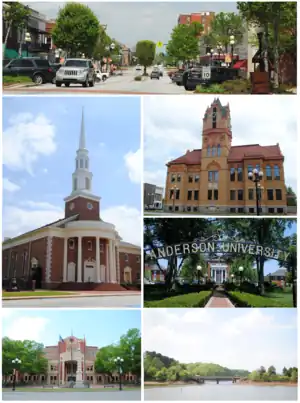 Top, left to right: Downtown Anderson, First Baptist Church of Anderson, Old Anderson County Courthouse, Anderson University, Anderson County Courthouse and Confederate Monument, Lake Hartwell view from City of Anderson Recreation Park