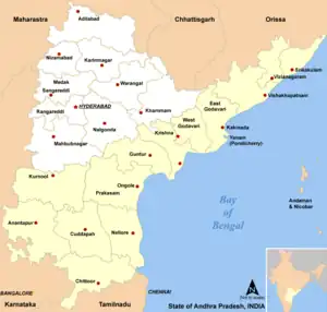 Detail map of Telangana (inland) and Andhra Pradesh (on the coast), with an inset map of India