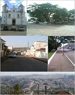 Above left, the Mother Church; above right, Andrelândia's center; middle left, Doutor Antônio Juracy de Oliveira street; middle right, Mother Church Square; below, partial view of the city.