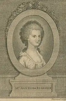 Engraving from frontispiece of Posthumous Works, published 1793 by her daughter Margaretta V. Fuageres