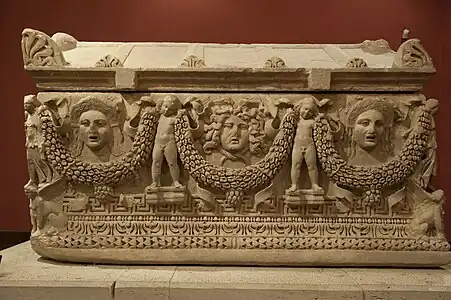 Roman mascarons on a sarcophagus, 2nd century, stone, Antalya Museum, Konyaaltı, Turkey