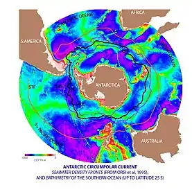 Image 34The Antarctic Circumpolar Current (ACC) is the strongest current system in the world oceans, linking the Atlantic, Indian and Pacific basins. (from Southern Ocean)