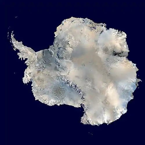 Antarctica, the continent surrounding the Earth's South Pole, is the coldest place on earth and is almost entirely covered by ice. Antarctica was discovered in late January 1820.  Too cold and dry to support virtually any vascular plants, Antarctica's flora presently consists of around 250 lichens, 100 mosses, 25-30 liverworts, and around 700 terrestrial and aquatic algal species. (Credit: NASA.)