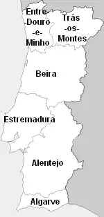 Map shows the six ancient provinces of Portugal.