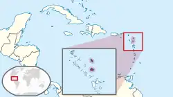 Map of the northern Lesser Antilles, with two islands in the northeast colored green. Inset shows location of this map on a world map.