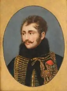 Portrait of Antoine Lasalle in hussar uniform with gold braid and black fur-lined jacket