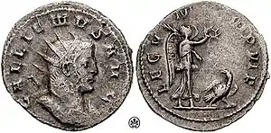 Antoninianus issued to celebrate LEG VII MAC VI P VI F, "Legio VII Macedonica six times faithful and loyal."