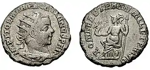 Antoninianus struck in Viminacium mint under Pacatianus to celebrate the 1001 birthday of Rome.