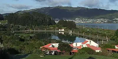 A view from the north-east: Pipitea miniature railway station across the lagoon