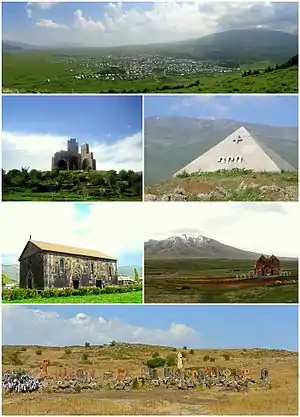 From top left:Aparan skyline with Mount Aragats to the rightBattle of Abaran memorial • Mausoleum of DroKasagh Basilica • Altar of Hope and Mount AraArmenian alphabet park